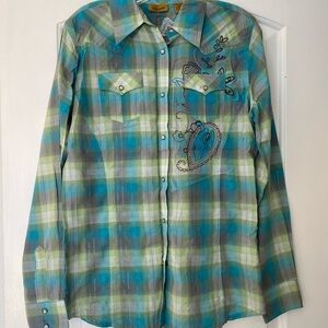 Wrangler Turquoise and Lime Plaid Shirt
